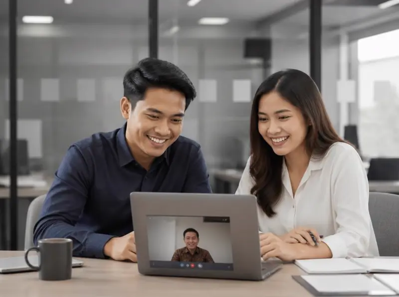 Dua rekan kerja melakukan video conference di kantor modern