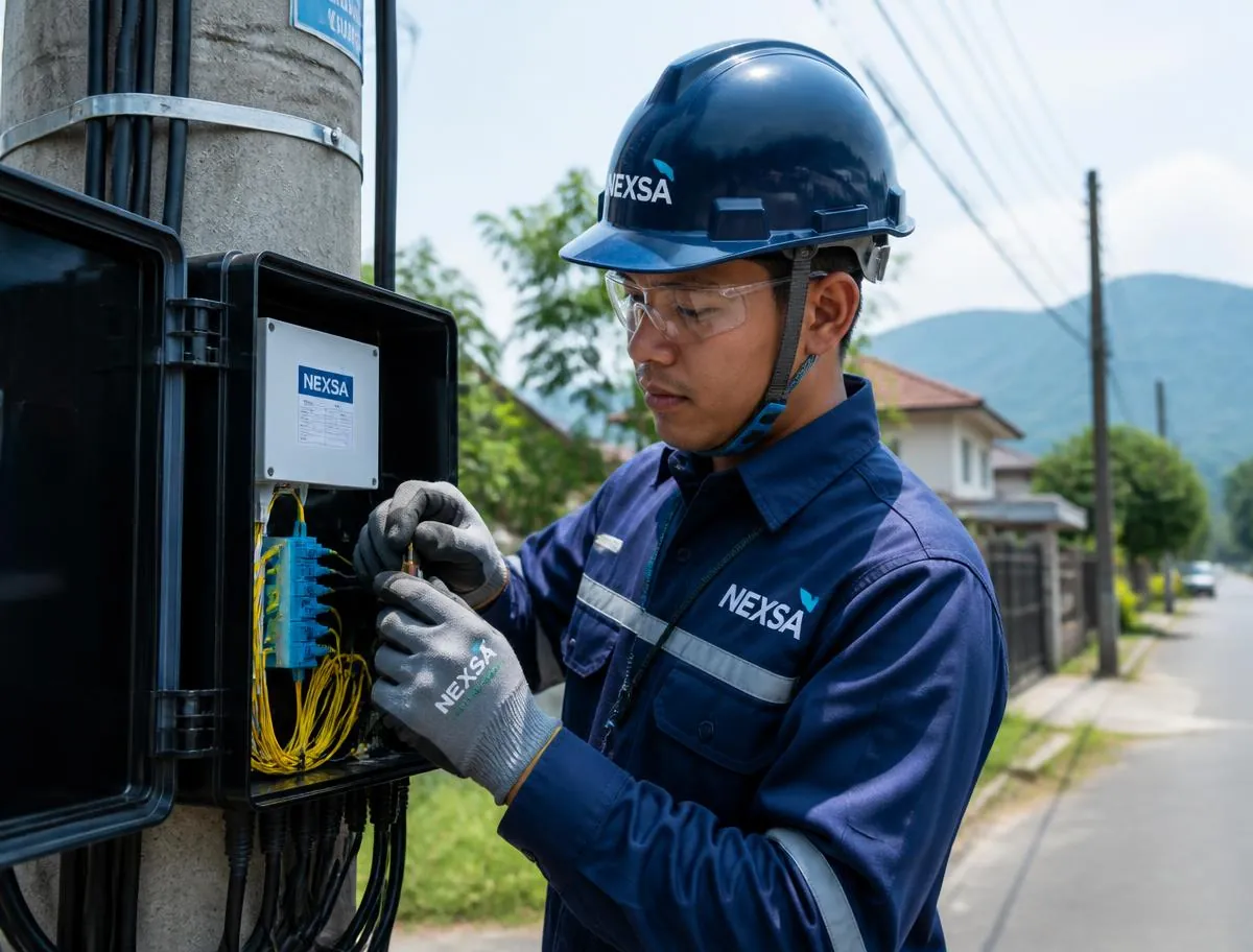 Teknisi NEXSA memperbaiki ODP di tiang kabel fiber optic