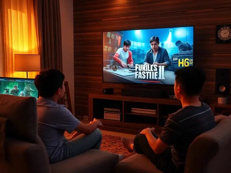 Keluarga menonton film Full HD dan bermain game di ruang keluarga