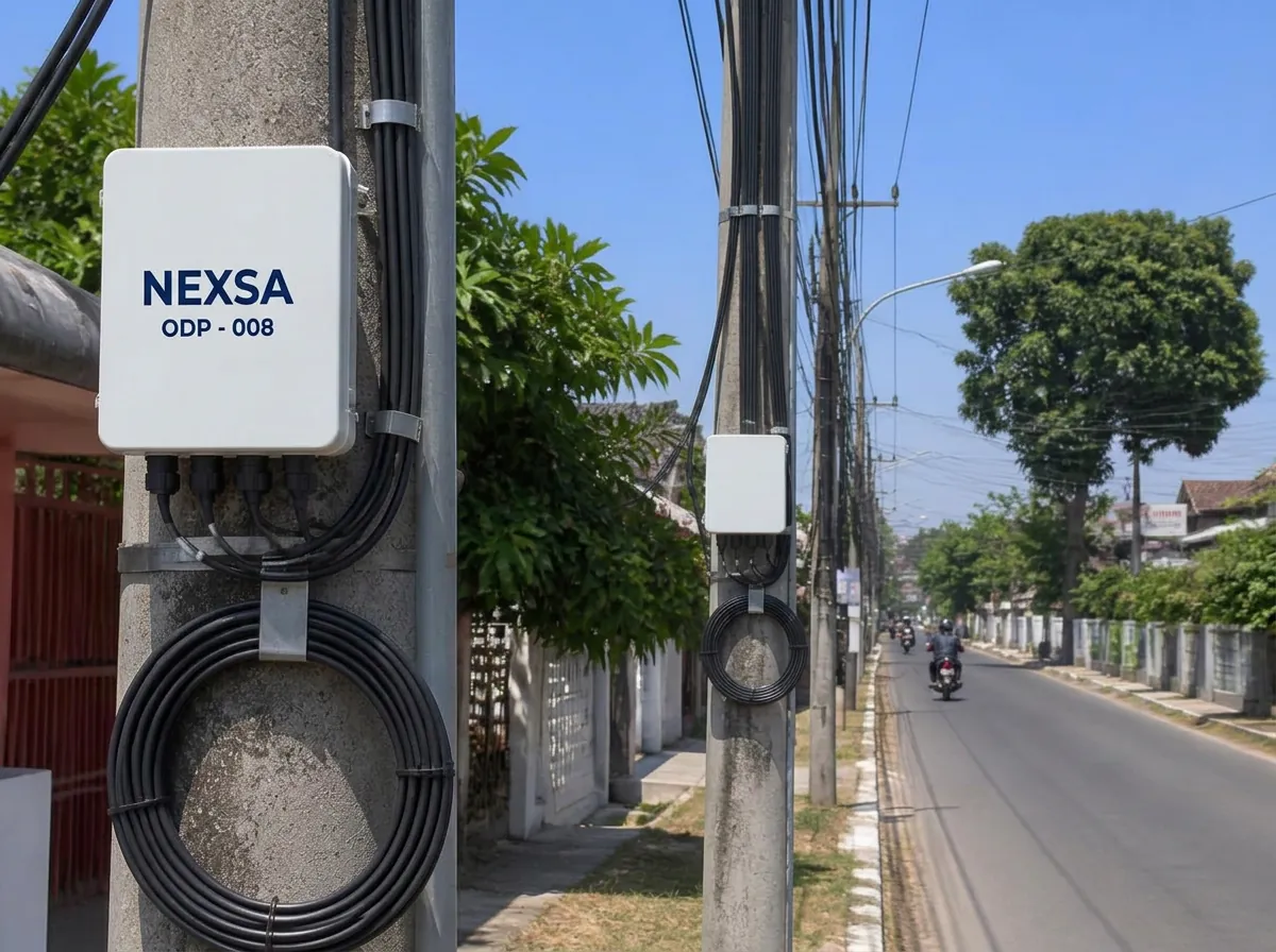 Jalur tiang fiber optic dengan perangkat ODP NEXSA di area layanan Cianjur